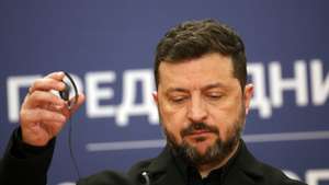 epa13156473 Ukrainian President Volodymyr Zelensky addresses a press conference with Serbian President Aleksandar Vucic (not pictured) following their meeting in Belgrade, Serbia, 08 August 2026. Zelenskyy is in Serbia for an official visit.  EPA/ANDREJ CUKIC