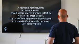 epa13095699 A message is displayed on the darkened screen of Hungary’s M1 public television channel at the MTVA headquarters in Budapest, Hungary, 07 July 2026. MTVA said news services were temporarily suspended under interim chief executive Andras Horvath, according to MTI.  EPA/Tibor Illyes HUNGARY OUT