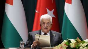 epa13163891 Palestinian President Mahmoud Abbas (L) and Turkish President Recep Tayyip Erdogan (not pictured) attend a press conference following their meeting in Ankara, Turkey, 12 August 2026. Abbas is in Turkey for an official visit.  EPA/NECATI SAVAS
