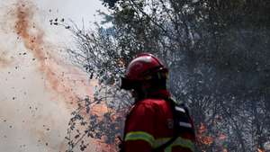 Bombeiros combatem o incêndio florestal que deflagrou ao final da tarde de segunda-feira em Rebordões, no concelho de Santo Tirso, em Burgães, 18 de agosto de 2026. ESTELA SILVA/LUSA