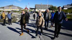 epa13217394 Danish Prime Minister Mette Frederiksen walks in the streets of Nuuk with Greenland's head of government Jens-Frederik Nielsen and EU Commission President Ursula von der Leyen in Nuuk, Greenland, 06 September 2026. Frederiksen is visiting Greenland together with European Commission President Ursula von der Leyen and will, among other things, hold meetings and go on a boat trip with Greenlandic government leader Jens-Frederik Nielsen.  EPA/Mads Claus Rasmussen  DENMARK OUT
