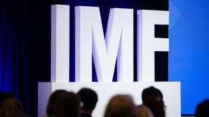 epa12047042 A sign for the International Monetary Fund is seen at the Press Briefing: World Economic Outlook event during the 2025 IMF and World Bank Spring Meetings at the IMF headquarters in Washington, DC, USA, 22 April 2025. The 2025 IMF and World Bank Spring Meetings run from 22 to 26 April in Washington, DC.  EPA/MAANSI SRIVASTAVA