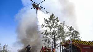 Um helicóptero UH-60 Black Hawk da Força Aérea Portuguesa faz uma descarga de água sobre as chamas durante o combate ao incêndio que lavra em Alvito da Beira, Proença-a-Nova, Castelo Branco, 15 de setembro de 2026. PAULO CUNHA/LUSA