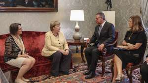Stateswoman and former Chancellor of Germany Angela Merkel (2-L) meets with Portugal President Antonio Jose Seguro (2-R) at Belem Palace in Lisbon, Portugal, 22 September 2026. MIGUEL A. LOPES/LUSA