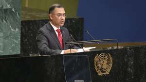 epa13261198 Bangladesh Prime Minister Tarique Rahman speaks during the General Debate of the 81st session of the United Nations General Assembly at UN Headquarters in New York, New York, USA, 24 September 2026.  EPA/SARAH YENESEL