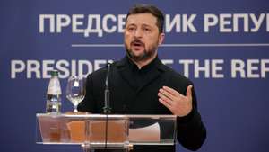 epa13156489 Ukrainian President Volodymyr Zelensky speaks during a press conference with Serbian President Aleksandar Vucic (not pictured) following their meeting in Belgrade, Serbia, 08 August 2026. Zelenskyy is in Serbia for an official visit.  EPA/ANDREJ CUKIC