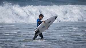 Portuguese surfer Guilherme Ribeiro reacts after loosing on the 10th stop on the Meo Rip Curl Pro Portugal surfing event as part of the World Surf League (WSL) World Tour at Supertubos beach in Peniche, Portugal, 20 October 2026. CARLOS BARROSO/LUSA