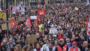 epa13327995 Demonstrators, including students, trade unionists, and citizens march during a nationwide protest against rising living costs and cuts to public services, in Bordeaux, southwestern France, 24 October 2026. Around 70,000 police officers and security personnel were deployed across the country as authorities sought to prevent a repeat of the unrest that erupted during demonstrations the previous weekend.  EPA/GUILLAUME PINON