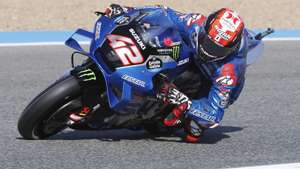 epa09916300 Spanish MotoGP rider Alex Rins of the Suzuki Ecstar team in action during the first free practice session at Angel Nieto circuit in Jerez de la Frontera, southern Spain, 29 April 2022. The Motorcycling Grand Prix of Spain will take place on 01 May 2022.  EPA/Jose Manuel Vidal