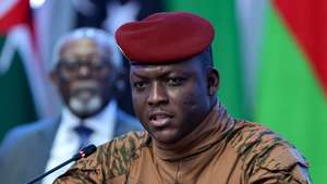 epa10773276 A handout photo made available by TASS Host Photo Agency shows Burkina Faso's interim President Ibrahim Traore addressing a plenary session during the Second Summit 'Russia-Africa' Economic and Humanitarian Forum in St.Petersburg, Russia, 28 July 2023. The Second Summit Economic and Humanitarian Forum 'Russia-Africa' takes place from 27 July to 28 at the Expoforum congress-exhibition center in St.Petersburg.  EPA/DONAT SOROKIN / TASS HOST PHOTO AGENCY/ HANDOUT --MANDATORY CREDIT-- HANDOUT EDITORIAL USE ONLY/NO SALES HANDOUT EDITORIAL USE ONLY/NO SALES