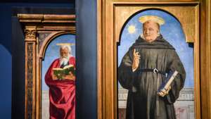 epa11229653 The paintings &#039;San Giovanni Evangelista&#039; (L) and &#039;San Nicola da Tolentino&#039; (R), two panels of the Augustinian Polyptych created by Piero Della Francesca, on display during the exhibition &#039;Piero della Francesca and the reunited Augustinian Polyptych&#039; at the Poldi Pezzoli Museum in Milan, Italy, 19 March 2024. Dismembered at the end of the sixteenth century, the Augustinian Polyptych created by Piero Della Francesca between 1454 and 1469 for the high altar of the Augustinian church in Borgo San Sepolcro in the Arezzo area is partly recomposed for the first time. Poldi Pezzoli Museum managed to bring together the eight known panels (the central panel and a large part of the predella were lost), uniting with its S. Nicola, the four from the Frick Collection in New York and those from National Gallery in London, National in Washington and the Museum of Antique Art in Lisbon.  EPA/Matteo Corner