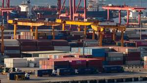 epa12046204 Shipping containers are being moved at the port in Keelung city, Taiwan, 22 April 2025. In March 2025, Taiwan's export orders rose 12.5 percent year-on-year to 53.04 billion US dollars, falling short of the expected 15.25 percent increase.  EPA/RITCHIE B. TONGO