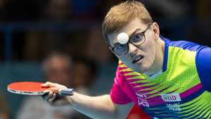 epaselect epa11913190 Alexis Lebrun of France in action during the round of 16 match against Daniel Habesohn of Austria at the ETTU Europe Top 16 Cup table tennis tournament in Montreux, Switzerland, 21 February 2025.  EPA/CYRIL ZINGARO