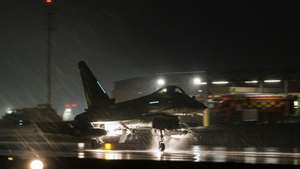 epa11097268 A handout photo made available by the British Royal Air Force shows a Typhoon FGR4 combat aircraft taking off from RAF Akrotiri military airbase, in Akrotiri, Cyprus, 22 January 2024, to carry out airstrikes against Houthi military targets in Yemen. The UK conducted further strikes against Houthi targets as four Royal Air Force Typhoon FGR4s, supported by a pair of Voyager tankers, joined US forces in a strike against Houthi sites in Yemen.  EPA/AS1 Jake Green RAF HANDOUT May not be used, reproduced, or transmitted for any other purpose. HANDOUT EDITORIAL USE ONLY/NO SALES HANDOUT EDITORIAL USE ONLY/NO SALES