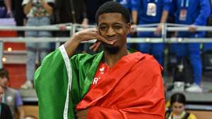 epa12842683 Gold medalist Gerson Balde of Portugal poses for a photo after the Men's Long Jump Final at the World Athletics Indoor Championships at the Kujawsko-Pomorska Arena Torun, in Torun, Poland, 22 March 2026.  EPA/Adam Warzawa POLAND OUT