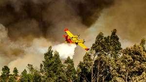 Um avião combate um incêndio que deflagrou no domingo em Aljezur, no Algarve, mantém uma frente ativa com alguns quilómetros, com pontos que podem evoluir para os concelhos de Monchique e Vila do Bispo, admitiu hoje a Proteção Civil,  Mata Nacional do Barão de São João, Lagos, 23 de setembro de 2025. De acordo com a Proteção Civil, não existem estradas nacionais interditadas ao trânsito, existindo apenas condicionantes em estradas municipais e em caminhos na zona do fogo, “para uma maior fluidez dos meios de socorro e de maior segurança para os moradores”. LUÍS BRANCA/LUSA