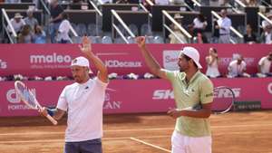 epa13132556 Titouan Droguet and Kyrian Jacket (R) of France in action against Nuno Borges and Francisco Cabral of Portugal,during their semifinal match of the Estoril Open Tennis tournament in Estoril, outskirts of Lisbon, Portugal, 25 July 2026.  EPA/JOSE SENA GOULAO
