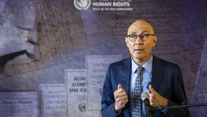 epa13028206 UN High Commissioner for Human Rights Volker Turk speaks to the media, at the Office of the United Nations High Commissioner for Human Rights (OHCHR) Palais Wilson, in Geneva, Switzerland, 10 June 2026.  EPA/MARTIAL TREZZINI