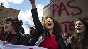 epa06659590 French university students take part in a demonstration to protest against education reforms near the Sorbonne university in Paris, France, 10 April 2018. Students across France have engaged in protest action and university blocades to protest against a reform which would make student university enrollment more selective. The student protests alo merge with larger nationwide protests in the public sector led by railway workers from France's SNCF rail network, labor unions, and Air France employees, who have taken to the streets and conducted strike action over government labor reforms.  EPA/IAN LANGSDON