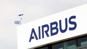 epa12187108 The Airbus logo at the company's pavilion during the 55th edition of the International Paris Air Show at the Paris-Le Bourget Airport, in Le Bourget, near Paris, France, 20 June 2025. The Paris Air Show, one of the largest trade fairs of the aerospace-industry and air shows in the world, runs from 16 to 22 June.  EPA/MOHAMMED BADRA / POOL
