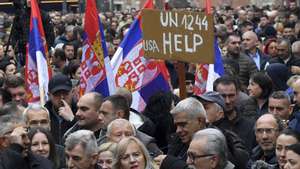 epa11147509 Ethnic Serbs take part in a protest against Kosovo&#039;s Central Bank decision to enforce Euro-only cash transactions, in North Mitrovica, Kosovo, 12 February 2024. The Central Bank&#039;s ordinance indicates that the euro is the only means of payment in Kosovo and that, in this regard, every transaction should be in euros as the only official currency in Kosovo. Kosovo Serbs see the mandate as an attempt to cut off payments such as pensions, tuition, and salaries made by the Republic of Serbia in Serbian currency, the dinar.  EPA/GEORGI LICOVSKI