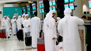 epa06947591 UAE Muslim pilgrims check-in at Dubai International Airport in the Gulf emirate of Dubai, United Arab Emirates (UAE), 13 August 2018, as they make their way to an aircraft which will take them to Mecca, Saudi Arabia for the annual Muslim pilgrimage (Hajj). Around 2.5 million Muslims are expected to attend this year's Hajj pilgrimage, which is highlighted by the Day of Arafah, one day prior to Eid al-Adha.  EPA/ALI HAIDER