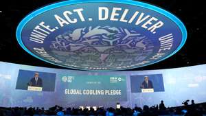 epa11012039 US Special Presidential Envoy for Climate John Kerry delivers a speech during the launch of Global Cooling Pledge session at the 2023 United Nations Climate Change Conference (COP28) at Expo City Dubai in Dubai, UAE, 05 December 2023. The 2023 United Nations Climate Change Conference (COP28), runs from 30 November to 12 December, and is expected to host one of the largest number of participants in the annual global climate conference as over 70,000 estimated attendees, including the member states of the UN Framework Convention on Climate Change (UNFCCC), business leaders, young people, climate scientists, Indigenous Peoples and other relevant stakeholders will attend.  EPA/ALI HAIDER