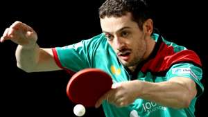 epa10647884 Marcos Freitas of Portugal in action in the Men's Singles round of 64 match against Tomokazu Harimoto of Japan at the 2023 ITTF World Table Tennis Championships in Durban, South Africa, 23 May 2023.  EPA/KIM LUDBROOK