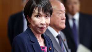epa12444590 Ruling Liberal Democratic Party's new leader Sanae Takaichi meets the press after her meeting with Tetsuo Saito, Chief Representative of the Komeito party, at the LDP headquarters in Tokyo, Japan, 10 October 2025. Japan's Komeito has decided to leave the coalition with ruling Liberal Democratic Party after 26 years of partnership.  EPA/JIJI PRESS JAPAN OUT EDITORIAL USE ONLY