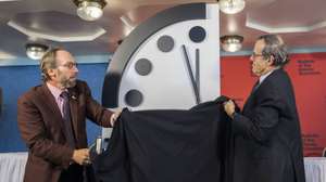 epa06473955 Lawrence Krauss (L), director of the Arizona State University Origins Project, and Robert Rosner (R), professor at the University of Chicago announce that they have adjusted the so-called 'Doomsday Clock' to two minutes to midnight at the National Press Club in Washington, DC, USA, 25 January 2018. The Bulletin of the Atomic Scientists developed the doomsday clock as a symbol to 'represent the likelihood of a man-made global catastrophe.'  EPA/JIM LO SCALZO