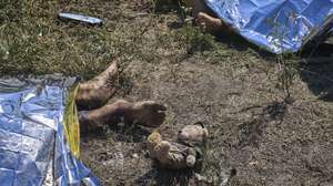 epa13177501 The bodies of victims lie at the site of a Russian missile strike in the village of Pechenihy, Kharkiv region, Ukraine, 18 August 2026, amid the Russian invasion. At least 10 people were killed and 18 others injured in the Russian attack, according to the State Emergency Service.  EPA/SERGEY KOZLOV ATTENTION: GRAPHIC CONTENT