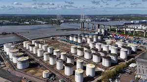 epaselect epa12889044 An image made with a drone shows oil gas and fuel storage units at the Navigator Terminal in Grays, Britain, 14 April 2026. Oil prices have risen above 100 US dollars a barrel again as the US Navy begins a blockade of the Strait of Hormuz following the collapse of ceasefire negotiations between Iran and the United States. Meanwhile, leasing of electric vehicles has surged across Europe amid rising petrol prices linked to the Iran war.  EPA/NEIL HALL
