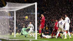 epa12575375 Ao Tanaka of Leeds (2-L) scores the 3-3 goal during the English Premier League match between Leeds United and Liverpool in Leeds, Great Britain, 06 December 2025.  EPA/ALEX DODD EDITORIAL USE ONLY. No use with unauthorized audio, video, data, fixture lists, club/league logos, 'live' services or NFTs. Online in-match use limited to 120 images, no video emulation. No use in betting, games or single club/league/player publications.