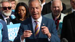 epa12940655 Reform Party leader Nigel Farage speaks at Havering Town Hall in London, Britain, 08 May 2026. Local elections took place across the United Kingdom on 07 May 2026. Early results show gains by Reform and a number of losses for the Labour Party.  EPA/NEIL HALL