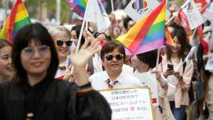 epa11291084 Supporters of the lesbian, gay, bisexual, and transgender (LGBTQ+) community take part in the Tokyo Rainbow Pride Parade on the streets of Tokyo, Japan, 21 April 2024. Thousands of participants and supporters of the LGBTQ+ community marched the streets in Tokyo's Shibuya district to spread awareness about a society free of prejudice and discrimination.  EPA/FRANCK ROBICHON