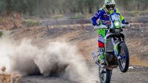 epa08731442 Portuguese motorcyclist Rui Goncalves of Sherco TVS Rally Factory in action during the third stage of the Andalucia Rally 2020 in Arahal, Seville, Spain, 09 October 2020.  EPA/ROMAN RIOS