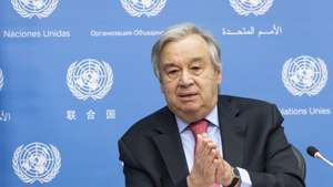 epa09145836 United Nations Secretary-General Antonio Guterres speaks during a partially virtual press conference with Professor Petteri Taalas, the Secretary-General of the World Meteorological Organization, about the report ‘State of the Global Climate in 2020’ at United Nations headquarters in New York, New York, USA, 19 April 2021. The report details a number of facts about the global climate including that 2020 was one of the hottest years on record and that the temporary decrease in carbon emissions as a result of the coronavirus pandemic had minimal affect on the concentration of greenhouse gases in the atmosphere.  EPA/JUSTIN LANE