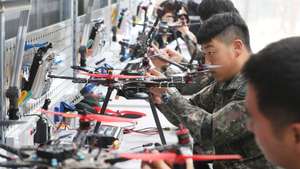 epa07574585 Soldiers assemble and maintain military drones at the Army Intelligence School's drone education center in Icheon, 80 kilometers east of Seoul, South Korea, 16 May 2019.  EPA/YONHAP SOUTH KOREA OUT