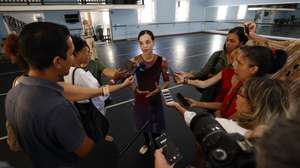 epa11442263 The first ballerina and director of the Ballet Nacional de Cuba (BNC), Viengsay Valdes, speak to journalist at the BNC headquarters in Havana, Cuba, 27 June 2024. The BNC will celebrate 20 years of collaboration with the charity The British Friends of the BNC with the world premiere of the ballet 'Lucile' and the revival of 'Celeste', the company confirmed.  EPA/Ernesto Mastrascusa
