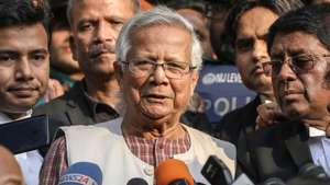 epa11532191 (FILE) - Bangladeshi Nobel Peace Prize laureate Muhammad Yunus (C) talks to the media outside the Dhaka Labor Court in Dhaka, Bangladesh, 01 January 2024 (reissued 07 August 2024). According to a statement by the Bangladeshi President&#039;s press secretary issued on 07 August, Muhammad Yunus was chosen to be Bangladesh&#039;s interim leader after the resignation of former Prime Minister Sheikh Hasina amid a mass uprising in the country.  EPA/MONIRUL ALAM