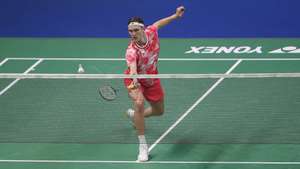 epa11835937 Viktor Axelsen of Denmark in action during the Menâ€™s Singles final match against Lee Cheuk Yiu of Hong Kong at the India Open badminton tournament in New Delhi, India, 19 January 2025.  EPA/HARISH TYAGI