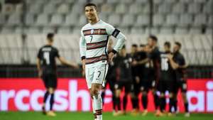 epa08826316 Portugalâ€™s Cristiano Ronaldo reacts after the 2nd goal of Croatia during their UEFA Nations League group 3 soccer match Croatia vs Portugal held at Poljud Stadium, Split, Croatia, 17 November 2020.  EPA/PAULO NOVAIS