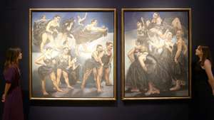 epa10912849 Gallery workers pose with the work Dancing Ostriches from Walt Disney’s ‘Fantasia’, by Portuguese-British artist Paula Rego at Christies Auction House in London, Britain, 11 October 2023. The work will be auctioned on 13 October as part of the 20th/21st Century: London Evening Sale at Christies auction house.  EPA/ADAM VAUGHAN
