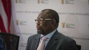 epa10430470 South Africa's Minister of Finance Enoch Godongwana speaks during his meeting with US Secretary of the Treasury Janet Yellen (not pictured) during her visit to the South African National Treasury in Pretoria, South Africa, 26 January 2023. Yellen applauded South Africa's participation in the Just Energy Transition Partnership, backed by the United States and other western nations.  EPA/Kim Ludbrook