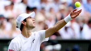 epa13077954 Nuno Borges of Portugal serves during his Men's Singles second round match against Jannik Sinner of Italy at the Wimbledon Championships in London, Britain, 01 July 2026.  EPA/NEIL HALL