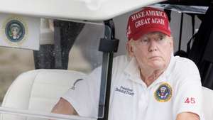 epa10793849 Former US President Donald J. Trump participates in a Pro-Am tournament leading up to the upcoming LIVGolf tournament at Trump National Golf Club Bedminster in Bedminster, New Jersey, USA, 10 August 2023. Trump on 10 August virtually pleaded not guilty to additional criminal charges in the case against him for allegedly illegally keeping secret national security documents after leaving office.  EPA/JUSTIN LANE