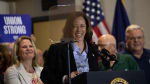 epa11580993 US Vice President and Democratic Presidential nominee Kamala Harris delivers remarks during a campaign event in Pittsburgh, Pennsylvania, USA, 02 September 2024. Harris and Biden are appealing to labor unions, a crucial Democratic voter block, in this first campaign event together since Harris moved to the top of the ticket.  EPA/REBECCA DROKE