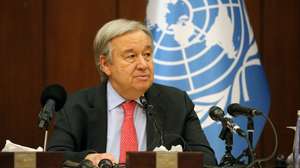 epa10497272 The Secretary-General of the United Nations, Antonio Guterres speaks during a press conference at the al-Rasheed hotel in Baghdad, Iraq, 01 March 2023. Antonio Guterres announced that his visit is to show solidarity and promote hope for a better future for Iraq.  EPA/AHMED JALIL