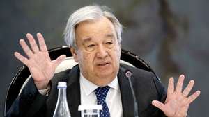 epa11451703 United Nations Secretary-General Antonio Guterres gestures as he speaks during a meeting with Kyrgyz President Sadyr Japarov (not pictured) in Bishkek, Kyrgyzstan, 02 July 2024. The UN Secretary General is on an official visit to Kyrgyzstan.  EPA/IGOR KOVALENKO