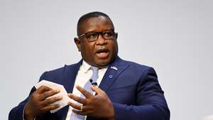 epa09376404 President Julius Maada Bio of Sierra Leone speaks at the Global Education Summit in London, Britain, 29 July 2021. The UK and Kenya are hosting the Education Summit in London where leaders from world governments have come together to make pledges to support work to help transform education systems in up to 90 countries and territories.  EPA/ANDY RAIN / POOL